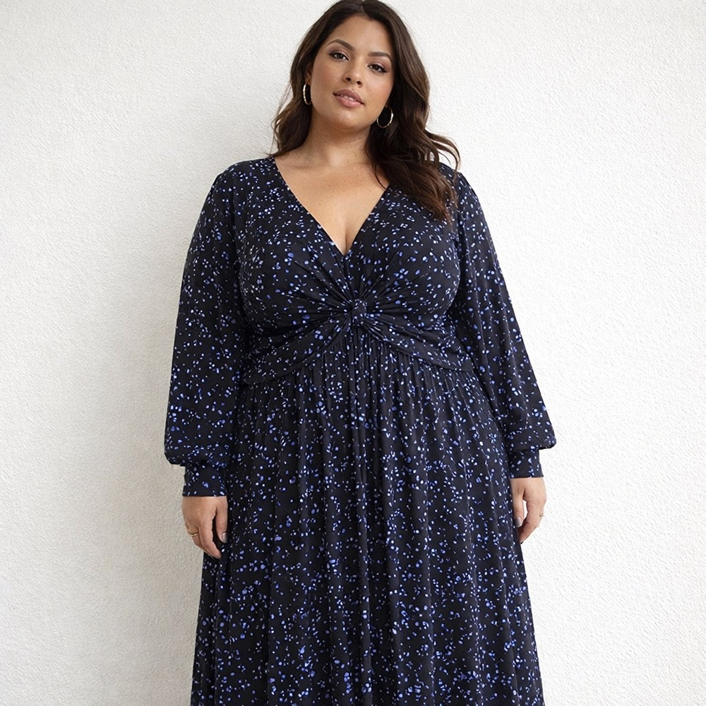 Eloquii Dress Long Sleeve Knot Front Maxi Blue Multi Print Size 22/24